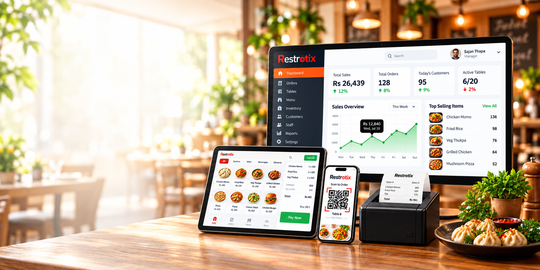 Restrotix restaurant management dashboard across desktop, tablet and mobile devices